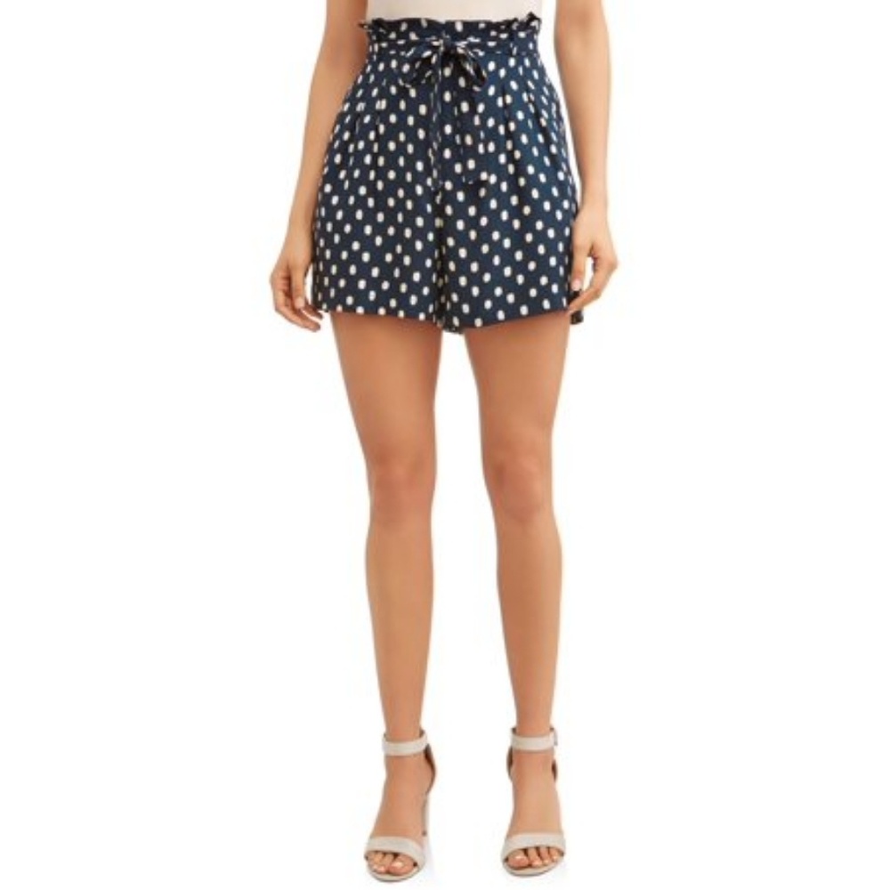 Time and Tru Tie Waist Shorts Navy Blue Polka Dot